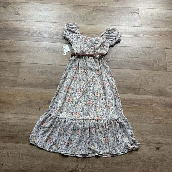 WallFlower Floral Chiffon Maxi Dress Puff Sleeve Belted Juniors Medium - Picture 7 of 9